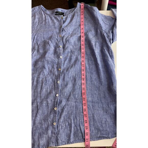 TAHARI 2X Blue 100% Linen Roll Tab Sleeve MOP Button Flowy Tunic Top Blouse - Picture 5 of 6